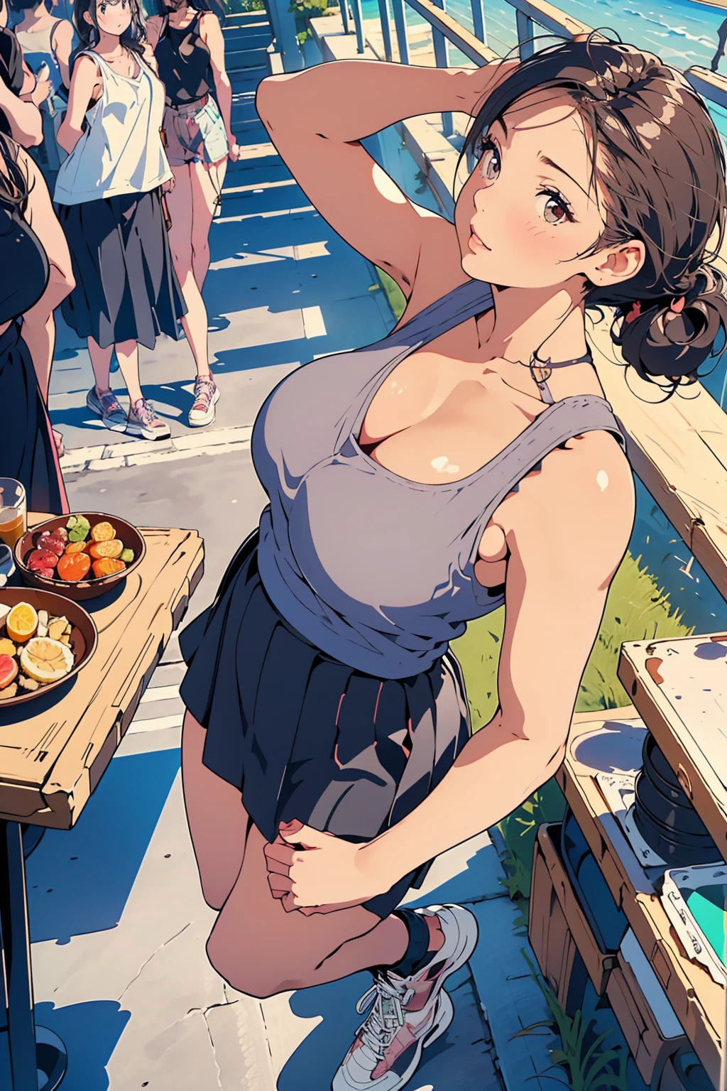 masterpiece,highest quality, Ultra-high resolution,(Beautiful woman:1.2), cute, cute face, (Natural skin texture, Realistic Skin), (Upward-facing chest, Beautiful big boobs:1.8),(blush, Happy:1.2),(enjoy:1.2), (Black Hair:1), (short low ponytail:1.2), Medium Hair,Sexy mole around mouth,Wet lips, (erupt:1.4), (Squint your eyes:1.4) ,((random color, Tank top:1.5)), short skirt, Turned up shirt, kawaii , city, Angle from the side, walking, Emphasize your breasts, wonderful,Realistic Background,Full body photo,