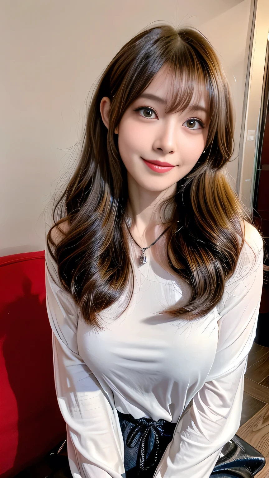 seed;88117315,((Full Body Angle))、Front hair:1.3))、((Highest quality, 8K, masterpiece: 1.3)), concentrated: 1.2, Cute girl 1,Nipples erect、 Perfect beauty: 1.4,Summer T-shirts、Shorts: 1.2,Long sleeve、Randall Color、comics＆Text Graphics、Black ruffle-trimmed drawstring zip blouse,1.1, Highly detailed face and skin textures, Fine grain, double eyelid, whitening skin, ,Highest quality,Ultra-high resolution,you,1 girl,alone,_Shiny_skin,Iris,necklace,((brown_length_Wavy_hair)),(lips)),eyelash,Front hair,deal with,compensate,Shiny,pore,skin,Large Breasts、((smiling face))、living、Soft and multi-layered、stretch、