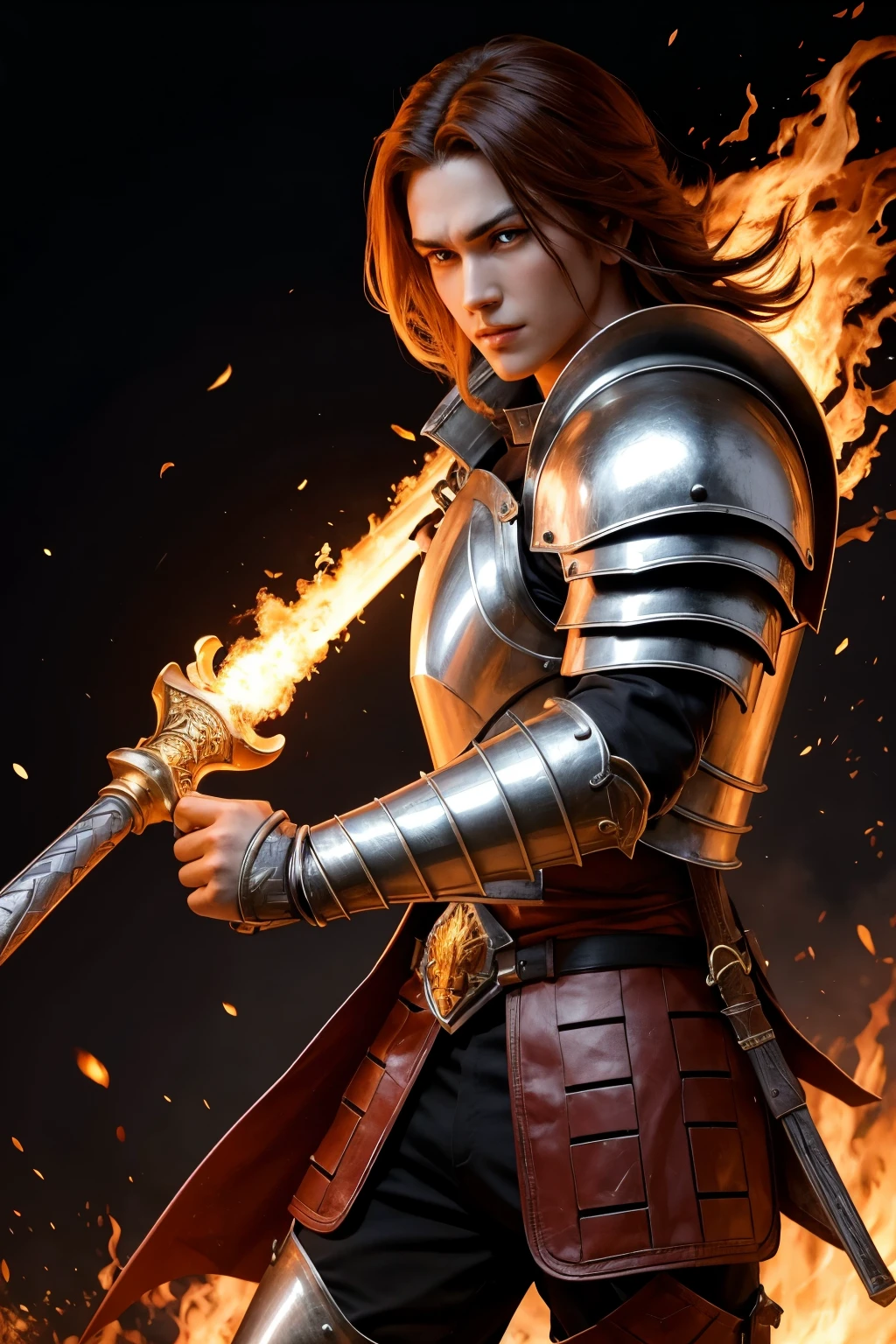 RPG character in shoulder armor with a flaming sword in one hand and a fireball in the other