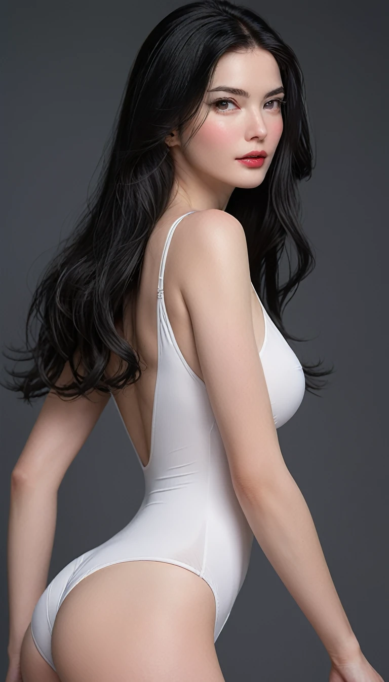 ((最大16K解像度のmasterpiece:1.6)), beautiful, Highest quality, Absolutely wonderful, high detail, Ultra-high resolution, masterpiece, Real, Realistic, The depth of the written world,
One elegant mature woman, Long black hair, beautiful顔, Highly detailed facial expressions, Gentle expression, Transparent white skin, Very delicate skin texture, Superb proportions, Anatomically correct body,
Elegant high leg swimsuit, snow-white color, Fine fabric texture、
Dark Gray Background,
Focus on the upper body,Close-up of face,