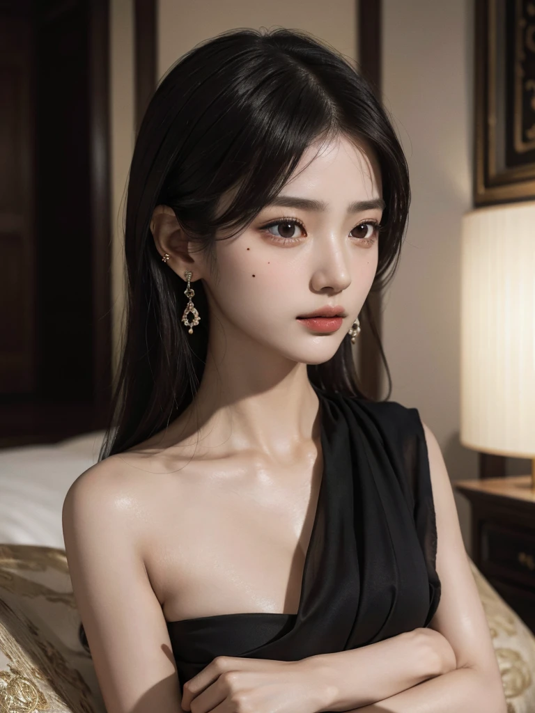 absurdres, RAW photo, extremely delicate and beautiful, masterpiece, Best Quality, ultra high resolution, 32k, hyperrealistic, ultra-detailed, delicate facial features, beautiful detailed woman, tearful mole, earring, medium breasts, ((full body shot)), medium hair, black hair, Dunhuang Apsaras costume, Dunhuang style,