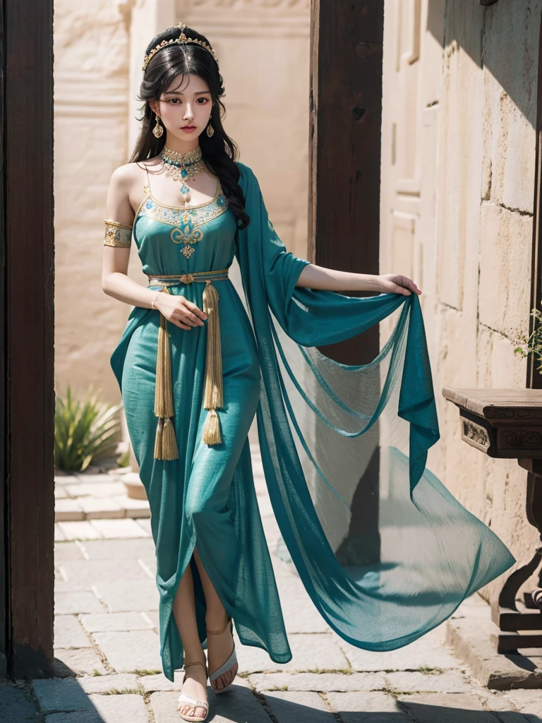 absurdres, RAW photo, extremely delicate and beautiful, masterpiece, Best Quality, ultra high resolution, 32k, hyperrealistic, ultra-detailed, delicate facial features, beautiful detailed woman, tearful mole, earring, medium breasts, ((full body shot)), medium hair, black hair, Dunhuang Apsaras costume, Dunhuang style,