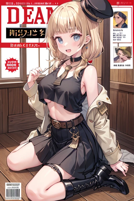 (masterpiece:1.2), (Military uniform magazine cover:1.4),best quality,PIXIV,Sweet girl , sexy posture,1girl, (perky chest:1.2), rolling upskirt by wind:1.6, (with sparkling eyes and a contagious smile),open mouth, (pointed chest:1.2),fishnets, black hair, boots, long hair, black nails, skirt, shirt, solo, black footwear, bag, black skirt, jewelry, jacket, on head, black jacket, thigh strap, bangs, necktie, earrings, nail polish, multicolored hair, looking at viewer, full body, bottle, own hands together, belt, jacket on shoulders, food, cats on head, black necktie, ring, choker, english text, collared shirt, blue eyes, platform boots, hat, lace-up boots ,masterpiece、highest quality、Very detailed、An illustration、Beautiful fine details、One Girl、cute、Detailed landscape、Training Room Background:1.4、Platinum Blonde Hair、Braided Ponytail、Red camisole、((D cup breasts, Tank top showing underboob:1.3))
