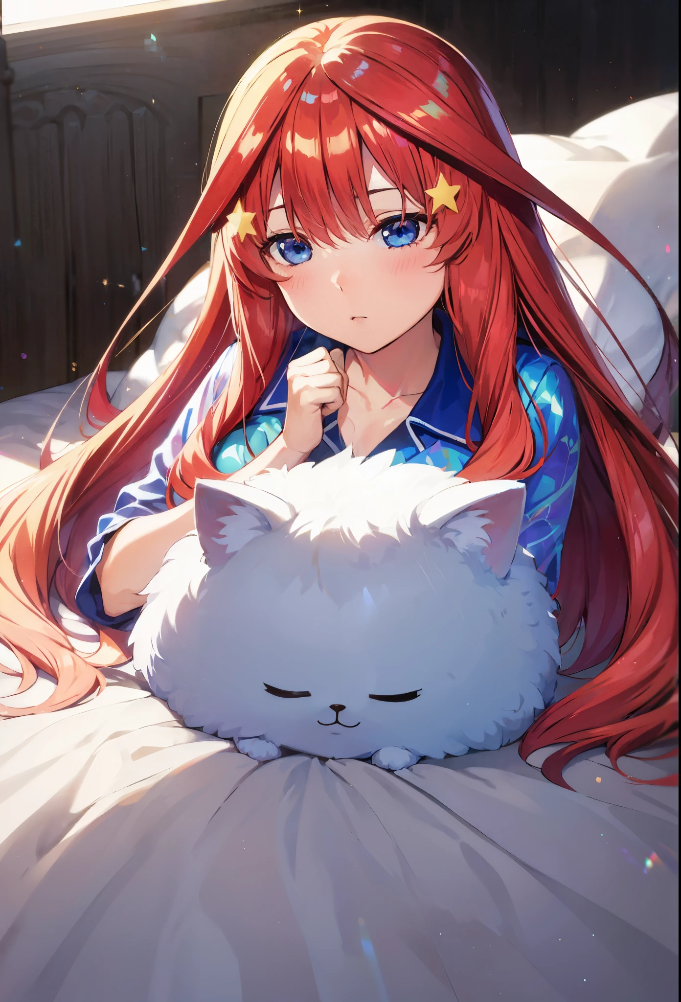 itsuki Nakano, Official art、Beautifully Aesthetic:1.2)、patterns、Hair spreads throughout、4k, excellent quality, Ultra Detail, Soft Light, Deep Focus Bokeh, Ray Tracing, --niji 5. Nakano itsuki from the quintessential quintuplets, itsuki Nakano, long fluffy red hair, blue eyes, nakano_itsuki, iridescent, , , splendid, iridescent, dynamic pose, moving, excellent character design, full body pose, full body, full body shot, perfect face, neat, clean, perfect definition aaitsuki,long hair,bangs,hair between eyes,h pyjamas, itsuki laying among sheets and pillows, itsuki sleeping, layuing down, sleep, sleeping, cozy