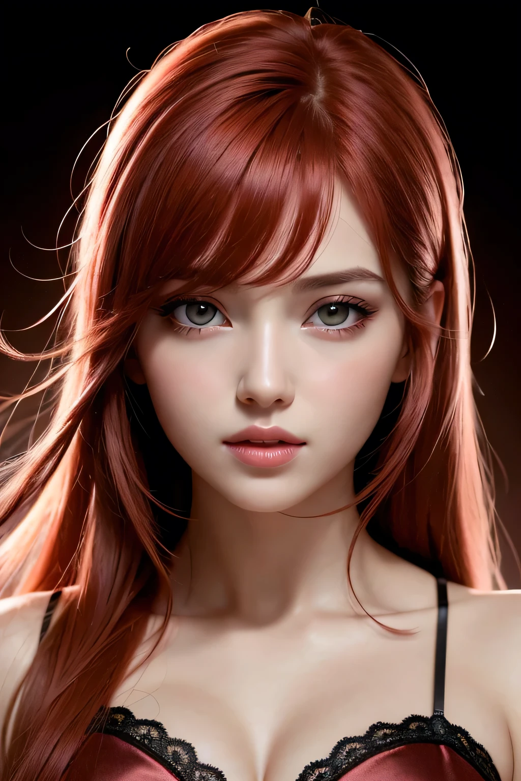 1 girl, star eye, blush, perfect lighting, Red hair, Eyes red, engine unreal, side lighting, face detailed, bangss, shining skin, simple background, darkness background
