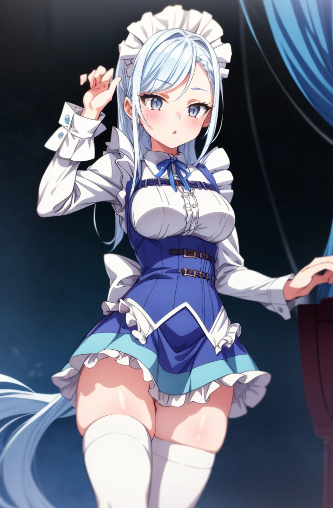 1girl, cowboy shot, 
 maid,  thighhighs,, masterpiece, best quality, highly detailed,((blue hair)),((frilled mini skirt)),white maid clothes,((blue hair)),((adult)),