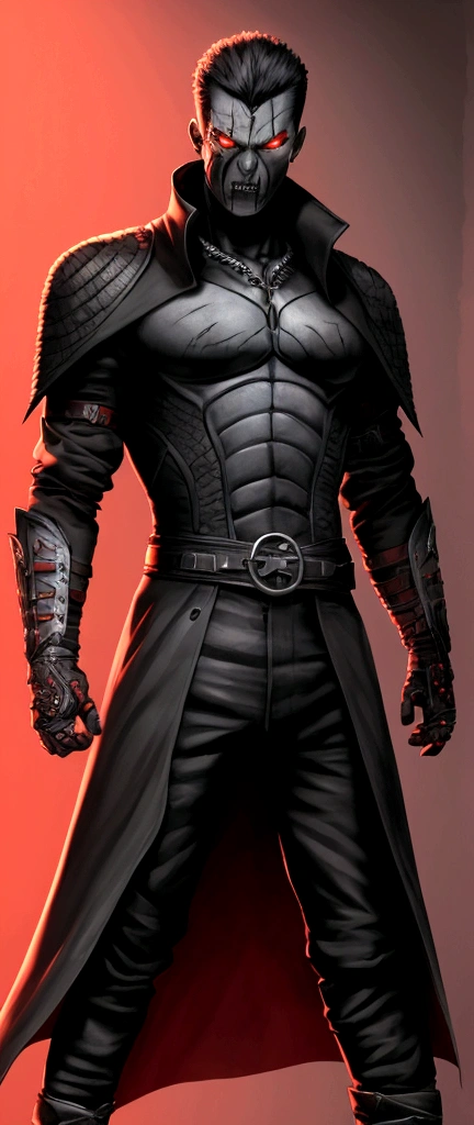 Tall menacing and red eyes , clothes of a dark fighter and several scars on his body.