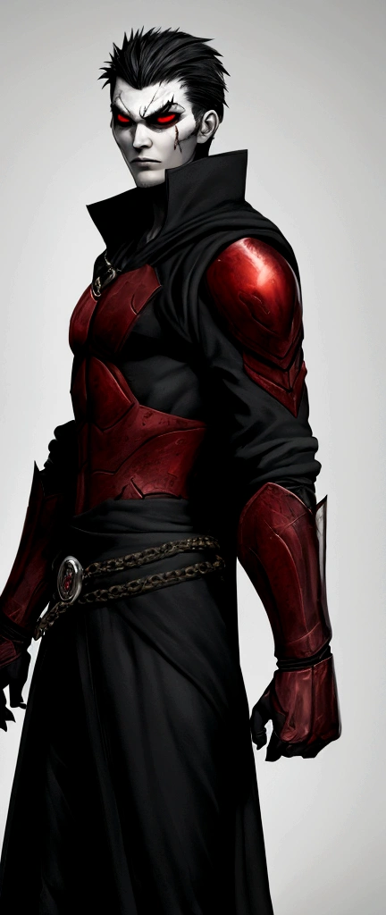 Tall menacing and red eyes , clothes of a dark fighter and several scars on his body.