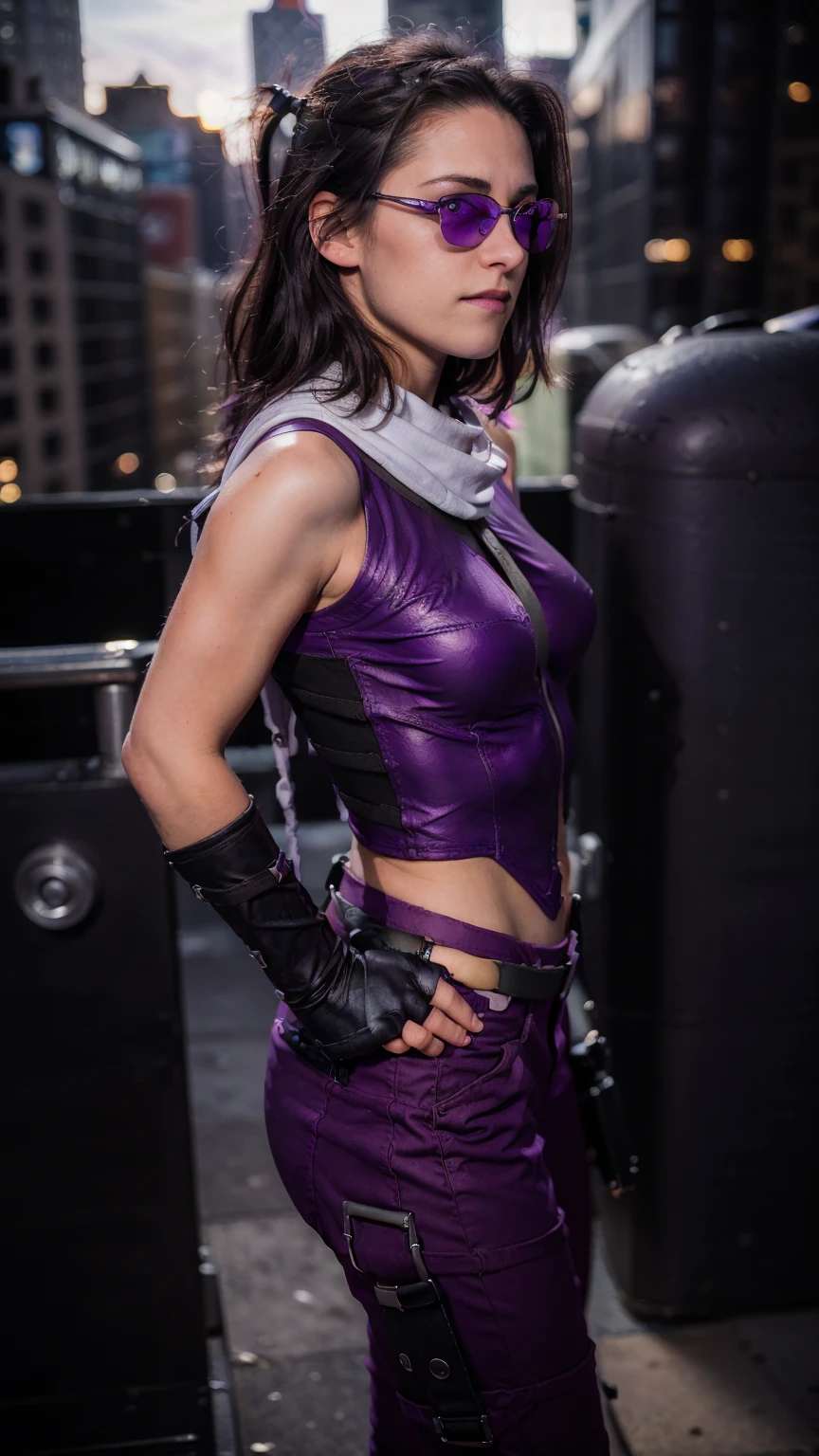 (masterpiece), (photorealistic1.4), (1 girl), (solo), (best quality), (epiCRealLife), (Kate Bishop long hair), (sleeveless top), (kateb2023 black utility belt), (kateb2023 purple costume), (purple pants) (kateb2023 purple sleevless bodysuit), (sks woman, Kristen Stewart, white scarf),(white scarf), (kateb2023 purple sunglasses) (bare shoulder), (night time), (kateb2023 wearing black boot), (elbow gloves), (abs), (flash photography), (flashphoto), (outdoor), , (sunset), (look at viewers),(light smile), , standing on new york city rooftop), (from side), (city landscape), (close up)