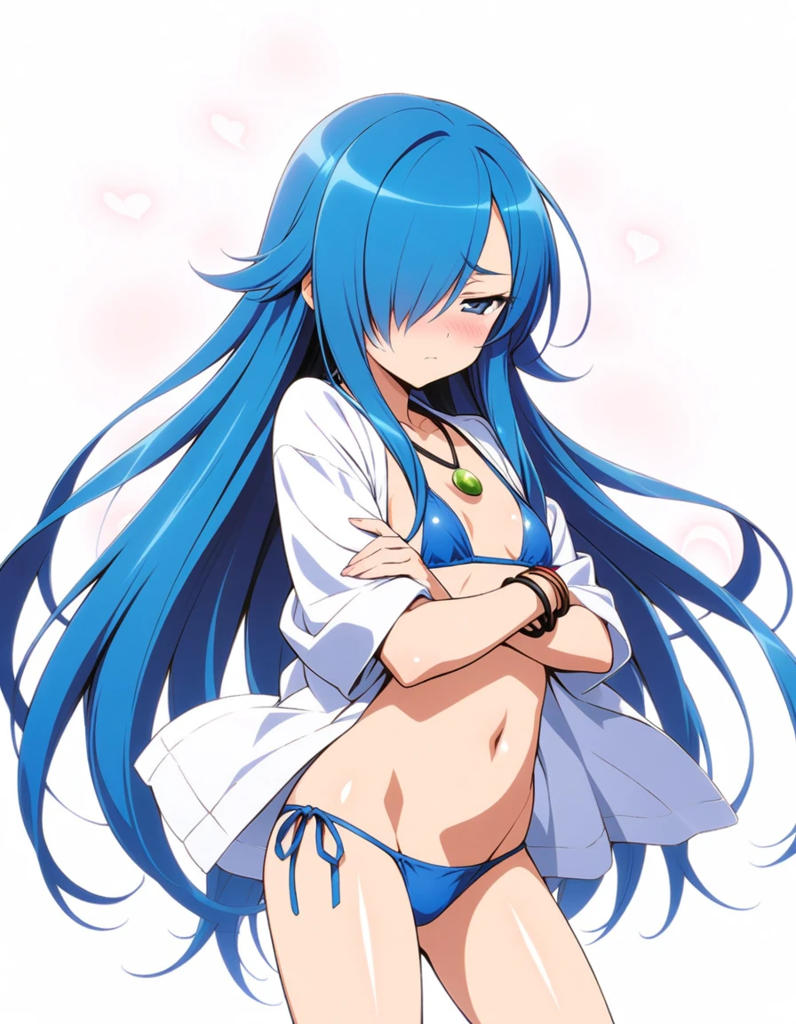 kugimiya rie, (henreader), shana, 1girl, solo, , official art, blue hair, hair over one eye, small breast, shiny skin, groin, bikini, open shirt, side tie, necklace, bracelet, standing, side view, sideways glance, half closed eyes, contrapposto, crossed arms, shy, nervous sweating, closed mouth, mesugaki, blush, vulgarity, white background, simple background, peace sign, netorare, nsfw