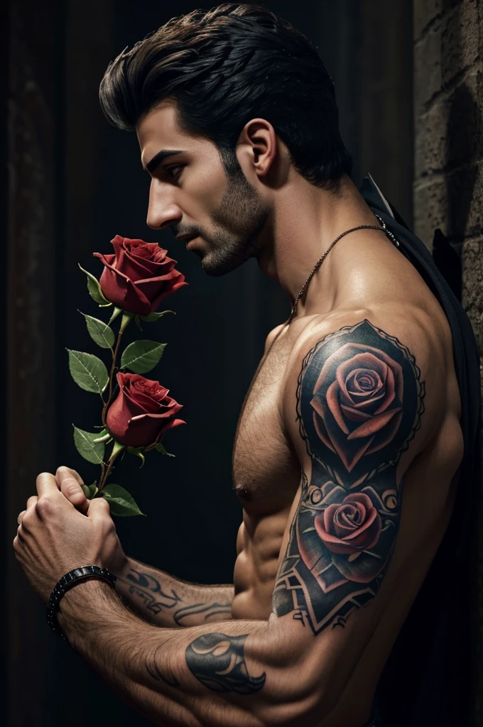 
arafed man with a rose in his hand and a tattoo on his arm, digital art inspired by Maximilian Cercha, trending on cg society, digital art, handsome male vampire, male vampire of clan banu haqim, handsome male, male vampire, handsome prince of persia, fantasy male portrait, handsome man, profile shot, handsome stunning realistic