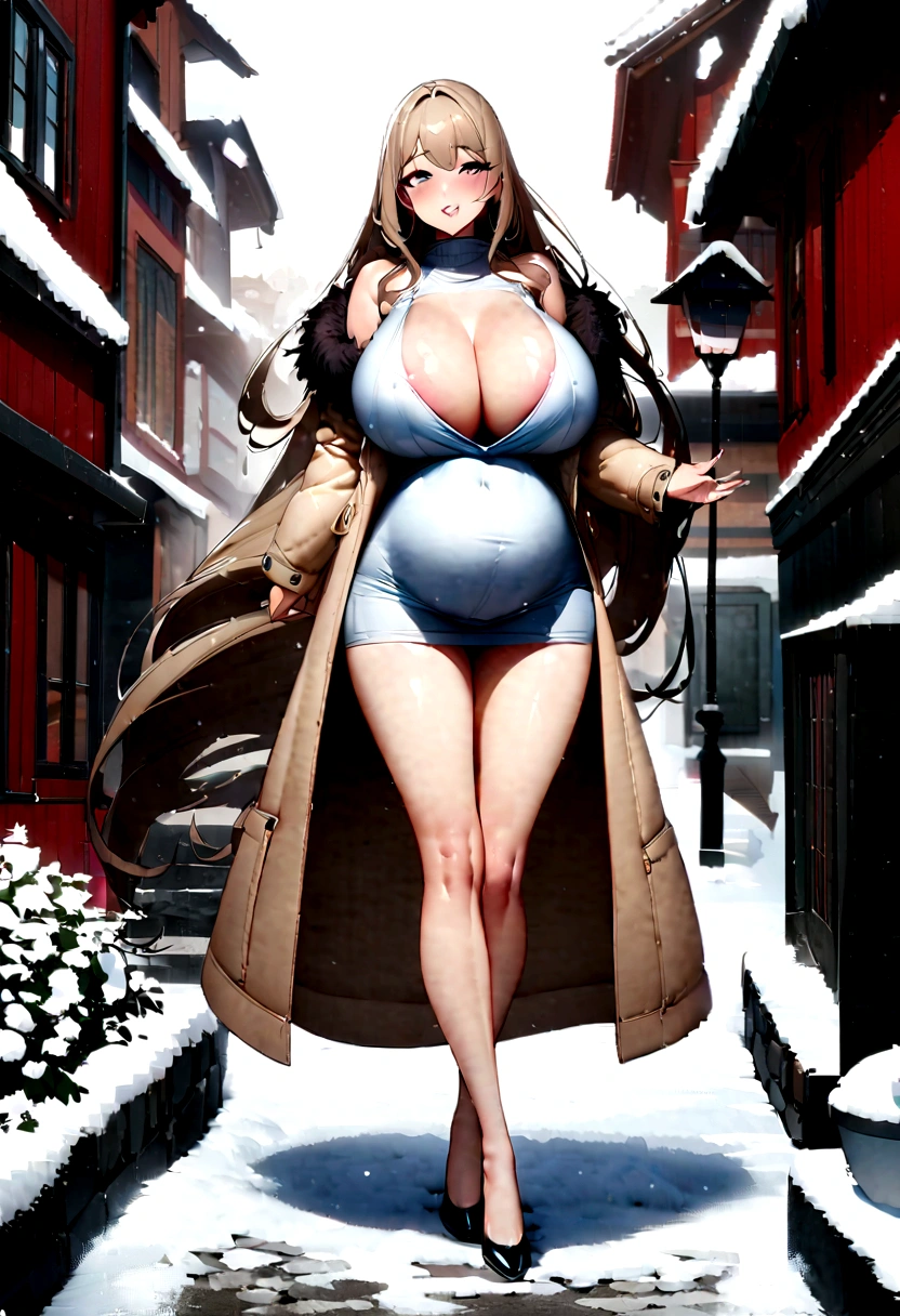 anime girl with huge breasts walking down a snowy street, oppai proportions, with a large breasts, with large breasts, beautiful alluring anime woman, seductive anime girl, sfw huge breasts, oppai, big breasts!, trending on cgstation, thicc, breasts covered and sfw, covered sfw huge breasts, big breasts!!, giantess art