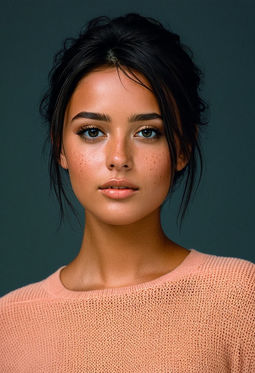 features a young individual with very tanned skin and dark hair cut slightly below the chin. Lots of makeup. Your eyes are light in color, and they have prominent freckles on their cheeks and nose. The individual is looking directly at the viewer, displaying a neutral to subtly thoughtful expression, with the head slightly tilted. They are wearing what appears to be a dark sweater or blouse.. The background is solid, in warm tones, coral color that contrasts with the subject's dark hair and pale complexion, bringing focus to your face and expression.
