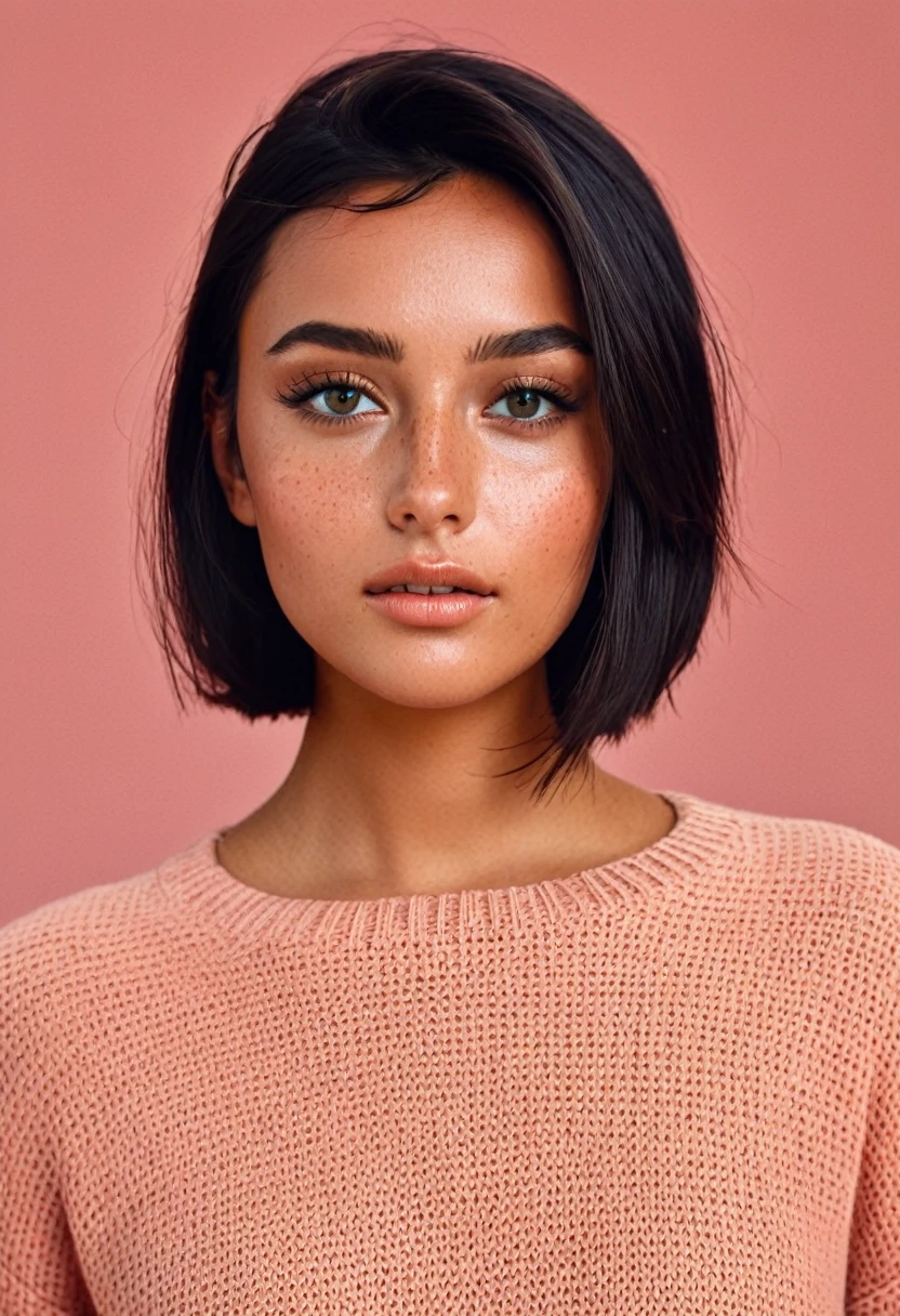 features a young individual with very tanned skin and dark hair cut slightly below the chin. Lots of makeup. Your eyes are light in color, and they have prominent freckles on their cheeks and nose. The individual is looking directly at the viewer, displaying a neutral to subtly thoughtful expression, with the head slightly tilted. They are wearing what appears to be a dark sweater or blouse.. The background is solid, in warm tones, coral color that contrasts with the subject&#39;s dark hair and pale complexion, bringing focus to your face and expression.