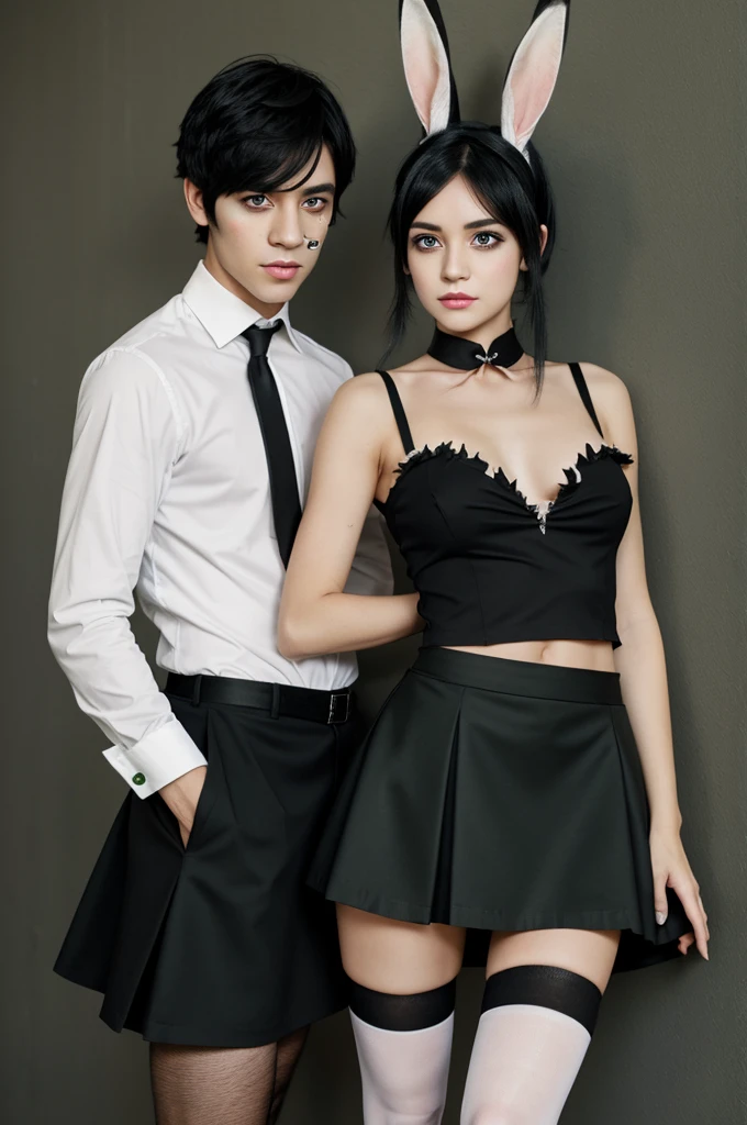 Male with a female body and a white bone on his face and with green eyes and black hair with a small black skirt and black stockings and with a black and torn shirt with dog ears and a rabbit tail