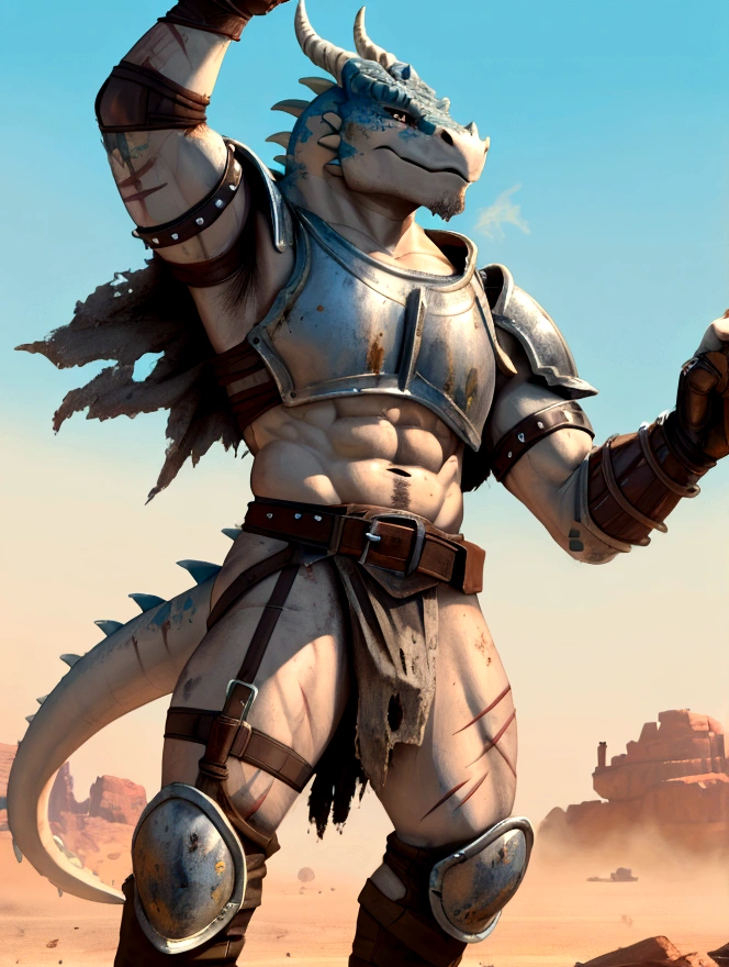 Solo Sexy anthro scalie dragon male mercenary medieval solider, slim endomorph muscular handsone model male apperance, sword scars, worn out rusty skimpy armament, low on hips heavy leather belt, old very worn out skimpy dirty linen material jockstrap, old yellow dirty worn out stains on white jockstrap, studded skimpy armlets breastplate armor, skimpy breastplate, leather bondages, fingerless leather gloves, smelly unwashed husk, dirty body look, desert battlefield, standing in sexy fighting position, close view of full character