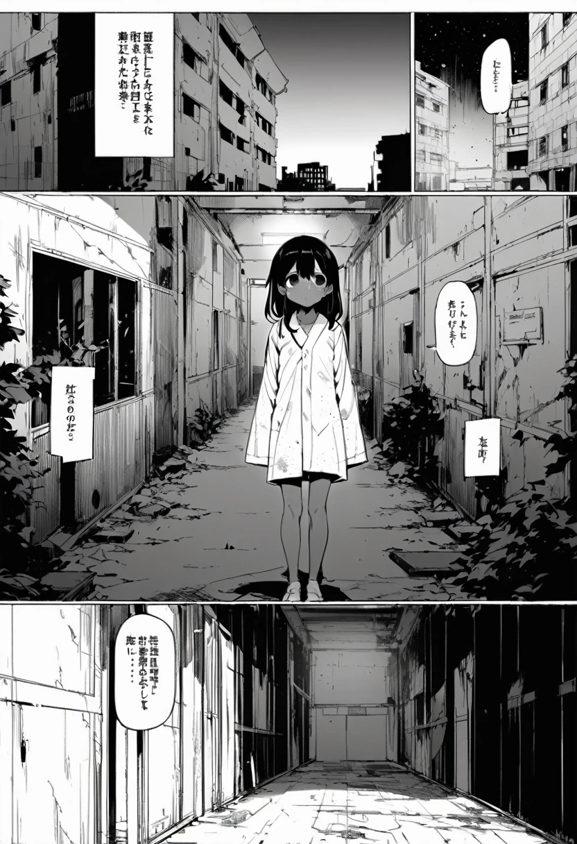 best quality , monochrome, lineart, 1girl, 10 years old, full body, long messy dark hair, tan skin, freckles, empty eyes, standing in a dark hallway, wearing an old ripped hospital gown, intense , abandoned hospital background, night, wide shot, oldest, comic