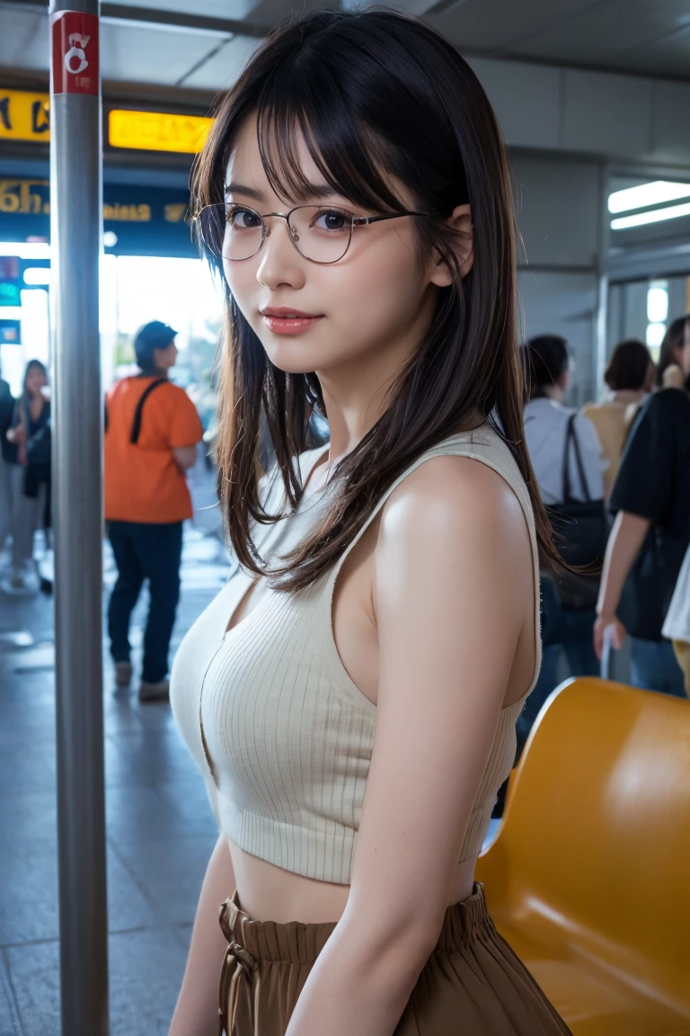 (8K、Raw photo、Highest quality、masterpiece:1.2)、(Realistic、Photorealistic:1.37)、Ultra-detailed、Ultra-high resolution、1 girl、Seeing the viewer、Beautifully detailed face、Laughter、narrow、(Slim waist) :1.3)、shortcut、Beautifully detailed skin、Skin Texture、Floating Hair、Professional Lighting、Waiting for the train on the platform、Black-rimmed square glasses 、Human whole body、Brown Hair、