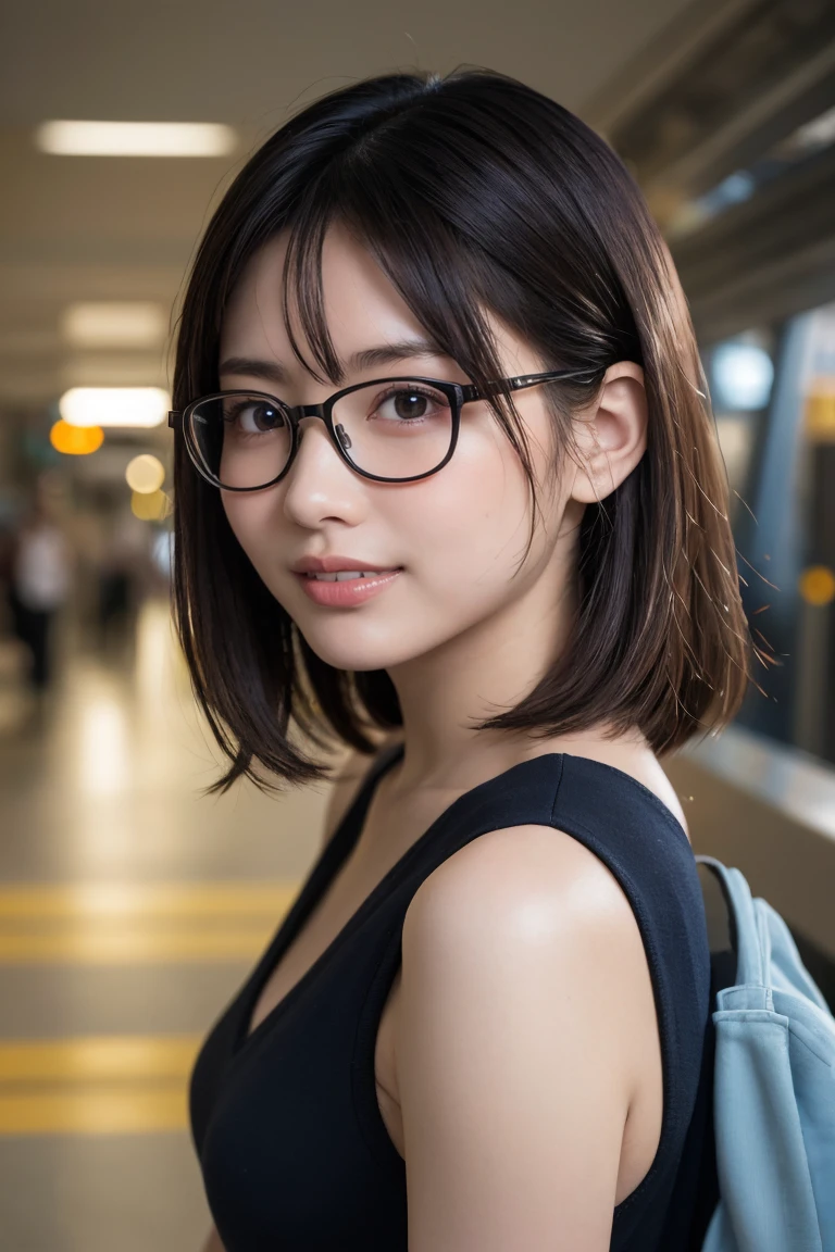 (8K、Raw photo、Highest quality、masterpiece:1.2)、(Realistic、Photorealistic:1.37)、Ultra-detailed、Ultra-high resolution、1 girl、Seeing the viewer、Beautifully detailed face、Laughter、narrow、(Slim waist) :1.3)、shortcut、Beautifully detailed skin、Skin Texture、Floating Hair、Professional Lighting、Waiting for the train on the platform、Black-rimmed square glasses 、Human whole body、Brown Hair、