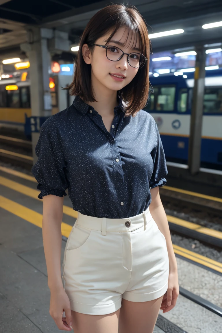 (8K、Raw photo、Highest quality、masterpiece:1.2)、(Realistic、Photorealistic:1.37)、Ultra-detailed、Ultra-high resolution、1 girl、Seeing the viewer、Beautifully detailed face、Laughter、narrow、(Slim waist) :1.3)、shortcut、Beautifully detailed skin、Skin Texture、Floating Hair、Professional Lighting、Waiting for the train on the platform、Black-rimmed square glasses 、Human whole body、Brown Hair、
