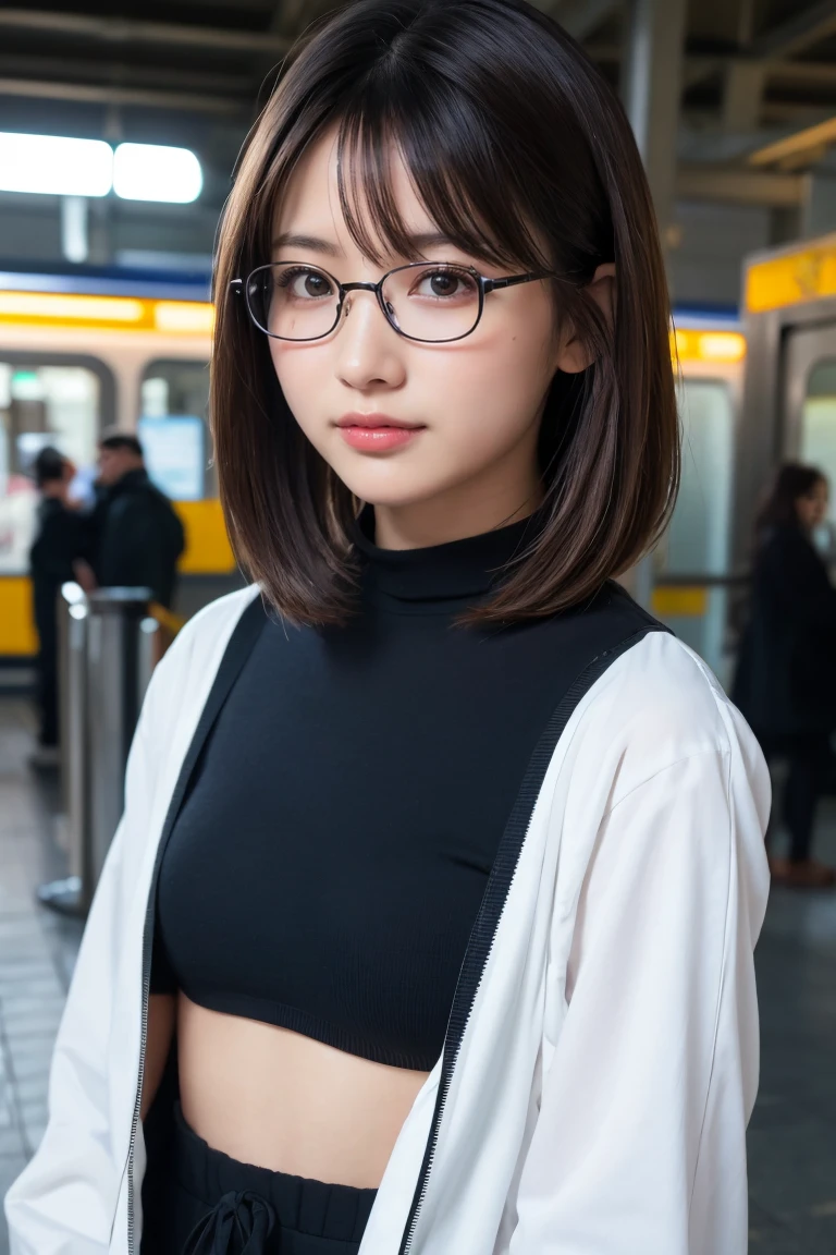 (8K、Raw photo、Highest quality、masterpiece:1.2)、(Realistic、Photorealistic:1.37)、Ultra-detailed、Ultra-high resolution、1 girl、Seeing the viewer、Beautifully detailed face、Laughter、narrow、(Slim waist) :1.3)、shortcut、Beautifully detailed skin、Skin Texture、Floating Hair、Professional Lighting、Waiting for the train on the platform、Black-rimmed square glasses 、Human whole body、Brown Hair、