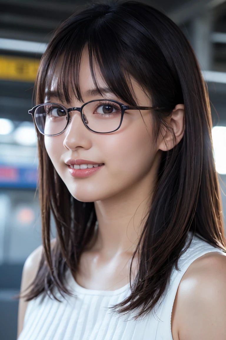 (8K、Raw photo、Highest quality、masterpiece:1.2)、(Realistic、Photorealistic:1.37)、Ultra-detailed、Ultra-high resolution、1 girl、Seeing the viewer、Beautifully detailed face、Laughter、narrow、(Slim waist) :1.3)、shortcut、Beautifully detailed skin、Skin Texture、Floating Hair、Professional Lighting、Waiting for the train on the platform、Black-rimmed square glasses 、Human whole body、Brown Hair、