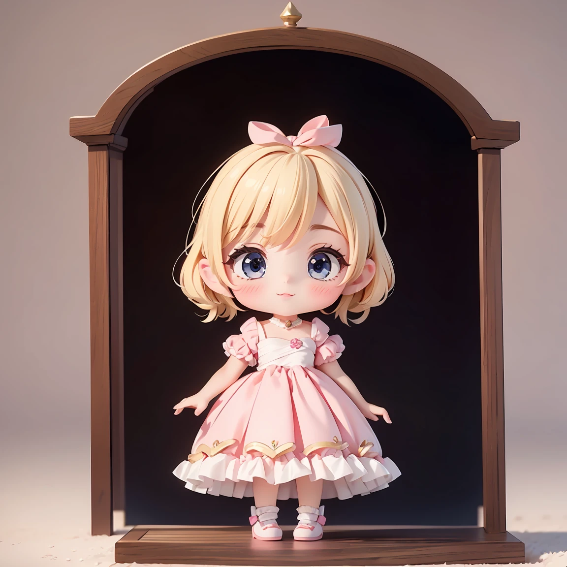 Chibi Character:1.8、The whole body is shown、background:Cinderella Castle、Blonde Hair、Cute 7 year old girl、pink cinderella dress