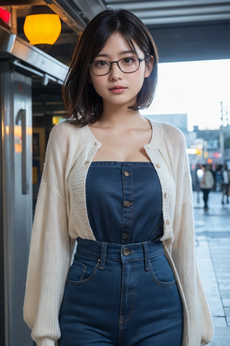 (8K、Raw photo、Highest quality、masterpiece:1.2)、(Realistic、Photorealistic:1.37)、Ultra-detailed、Ultra-high resolution、1 girl、Seeing the viewer、Beautifully detailed face、Laughter、narrow、(Slim waist) :1.3)、shortcut、Beautifully detailed skin、Skin Texture、Floating Hair、Professional Lighting、Waiting for the train on the platform、Black-rimmed square glasses 、Human whole body、Brown Hair、