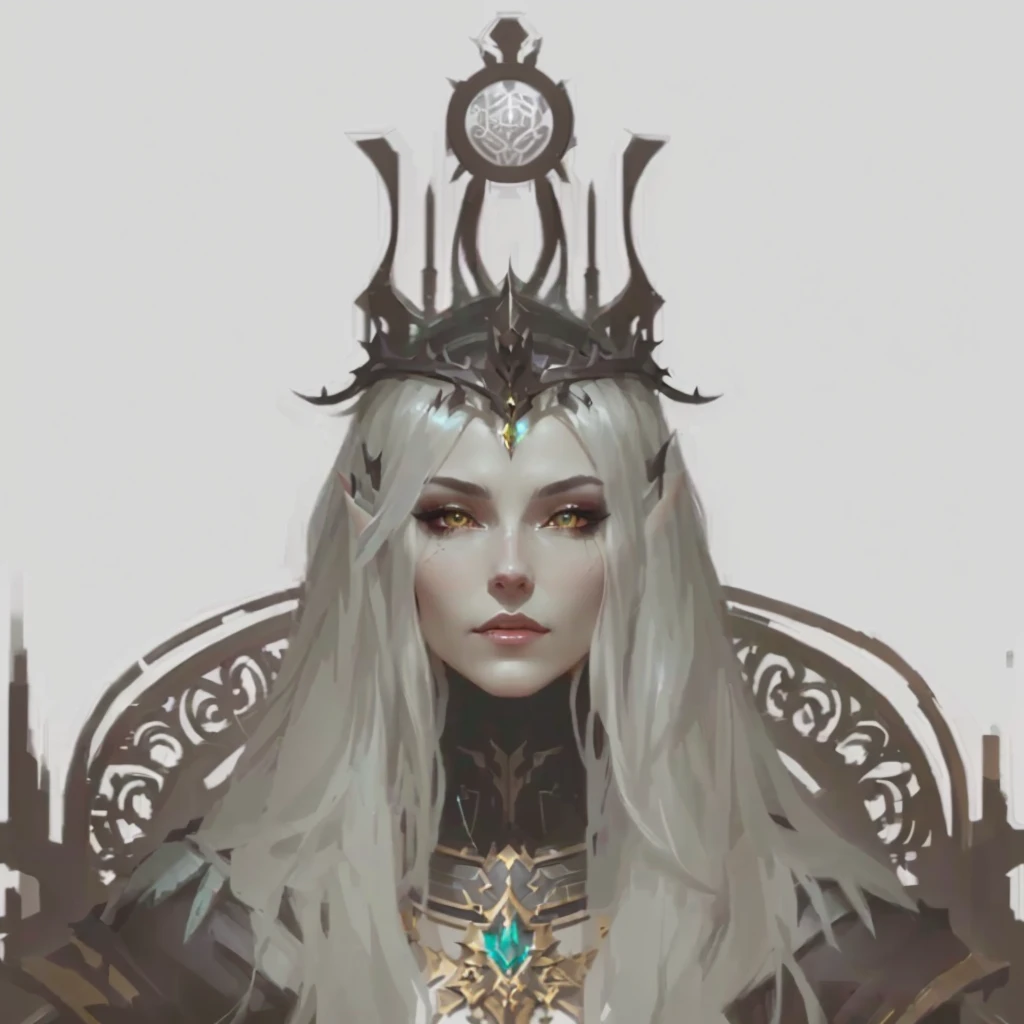 close-up of a woman with a crown on her head, portrait of an Elven Queen, portrait of a cyborg queen, Lols, Diablo 4 queen, work in Guweiz style, fantasy concept art portrait, dark fantasy character design, an Elven Queen, Elven Queen, demon queen with white horns, Darksynth character portrait, senior concept artist