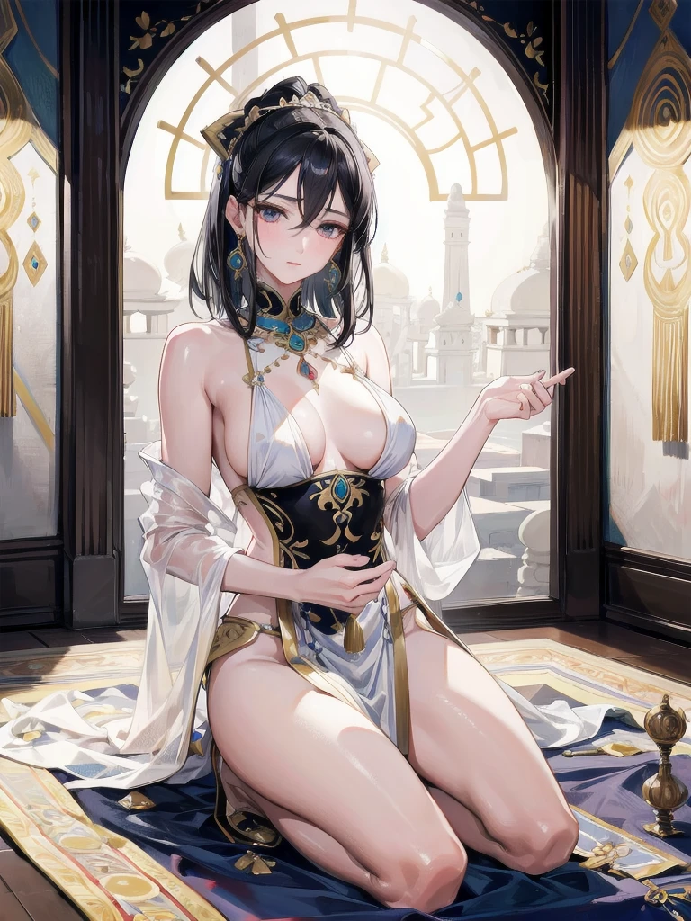 absurdres, RAW photo, extremely delicate and beautiful, masterpiece, Best Quality, ultra high resolution, 32k, hyperrealistic, ultra-detailed, delicate facial features, beautiful detailed woman, tearful mole, earring, medium breasts, full body shot, medium hair, black hair, Dunhuang Apsaras costume, Dunhuang style,