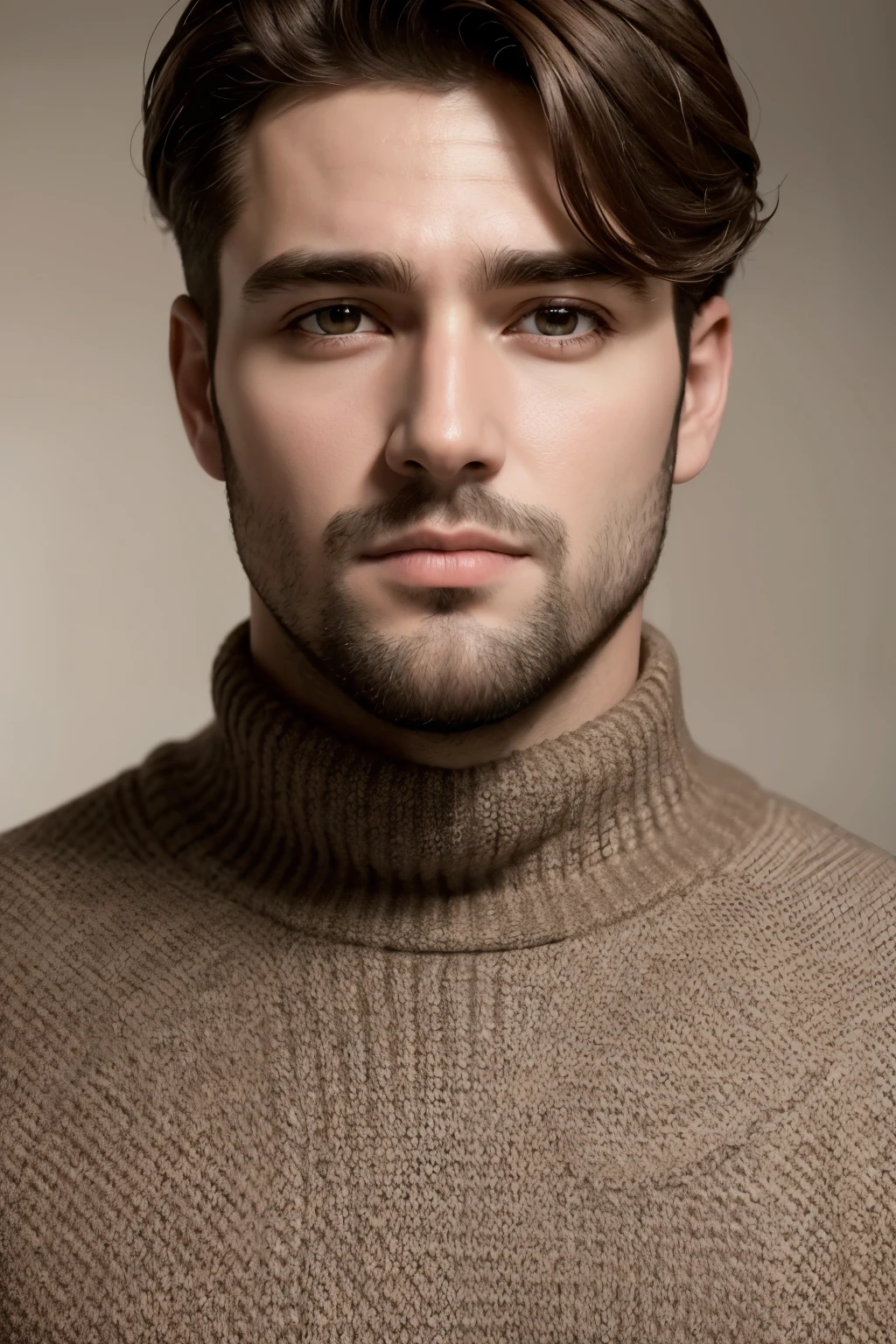 ((best qualityer)), ((work of art)), (detailded), 1 men, ombro to ombro sweater, with masterpiece quality, in 8k and extremely high realism, a 30 year old man who provides security to his buyers, with brown eyes and shorter hair, sparse beard and a photo with high realism, centralize a foto, It's for your Facebook profile picture
