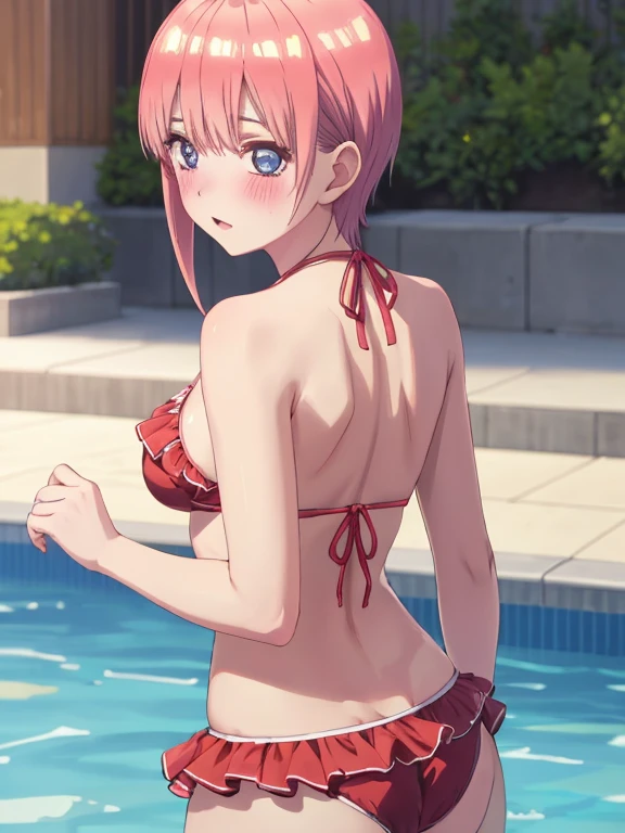 best quality, insanely detailed,ichika nakano, poolside background, breasts, blush, back style, Ruffle bikini, Cute, Cute bikini, nipple, look into the distance, nsfw