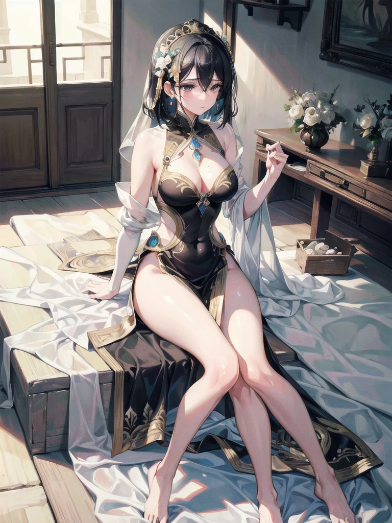 absurdres, RAW photo, extremely delicate and beautiful, masterpiece, Best Quality, ultra high resolution, 32k, hyperrealistic, ultra-detailed, delicate facial features, beautiful detailed woman, tearful mole, earring, medium breasts, full body shot, medium hair, black hair, Dunhuang Apsaras costume, Dunhuang style,
