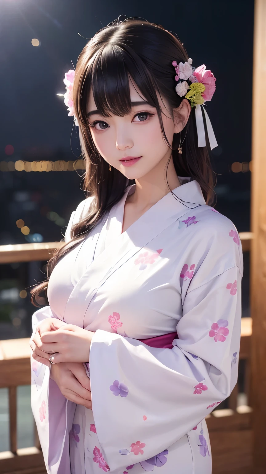 (logo、masterpiece、8K、Tabletop、RAW Photos、wonderful、最high quality、フォトリアリスティックでVery detailedな CG 複合 8K 壁紙、high quality、Very detailed、Narrative poem、Particle Effects、Dynamic Effects、Depth of the Boundary、Cinematic Light、Lens flare、Ray Tracing）、 (One beautiful woman wearing a yukata、White yukata、Light purple pattern)、Black-haired、High definition skin、Very fine、Fine skin texture、Beautiful Face、True Face、Beautiful details in the eyes、Realistic eyes、Beautifully detailed eyes、Realistic Skin、Beautiful Skin、Surreal、Smiling Eyes、Hair and light eyes、vivid、Colorful lights and bokeh、plump lower lip、Pink Lips、Hair flutters in Wind、Hair bounces、wonderful景色、night、evening、Wind、moonlight、moonlight、light