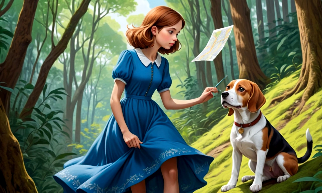 Draw a young woman with brown hair and a blue dress. She is climbing a hill in a dense forest. In one hand he has a map. Next to her is a brown and white beagle.