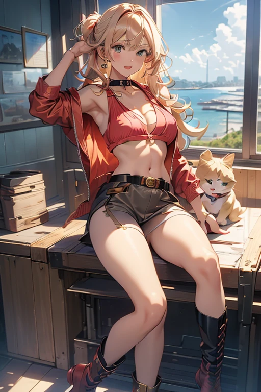 (masterpiece:1.2), (Military uniform magazine cover:1.4),best quality,PIXIV,Sweet girl , sexy posture,1girl, (perky chest:1.2), rolling upskirt by wind:1.6, (with sparkling eyes and a contagious smile),open mouth, (pointed chest:1.2),fishnets, black hair, boots, long hair, black nails, skirt, shirt, solo, black footwear, bag, black skirt, jewelry, jacket, on head, black jacket, thigh strap, bangs, necktie, earrings, nail polish, multicolored hair, looking at viewer, full body, bottle, own hands together, belt, jacket on shoulders, food, cats on head, black necktie, ring, choker, english text, collared shirt, blue eyes, platform boots, hat, lace-up boots ,masterpiece、highest quality、Very detailed、An illustration、Beautiful fine details、One Girl、cute、Detailed landscape、Training Room Background:1.4、Platinum Blonde Hair、Braided Ponytail、Red camisole、((D cup breasts, Tank top showing underboob:1.3))