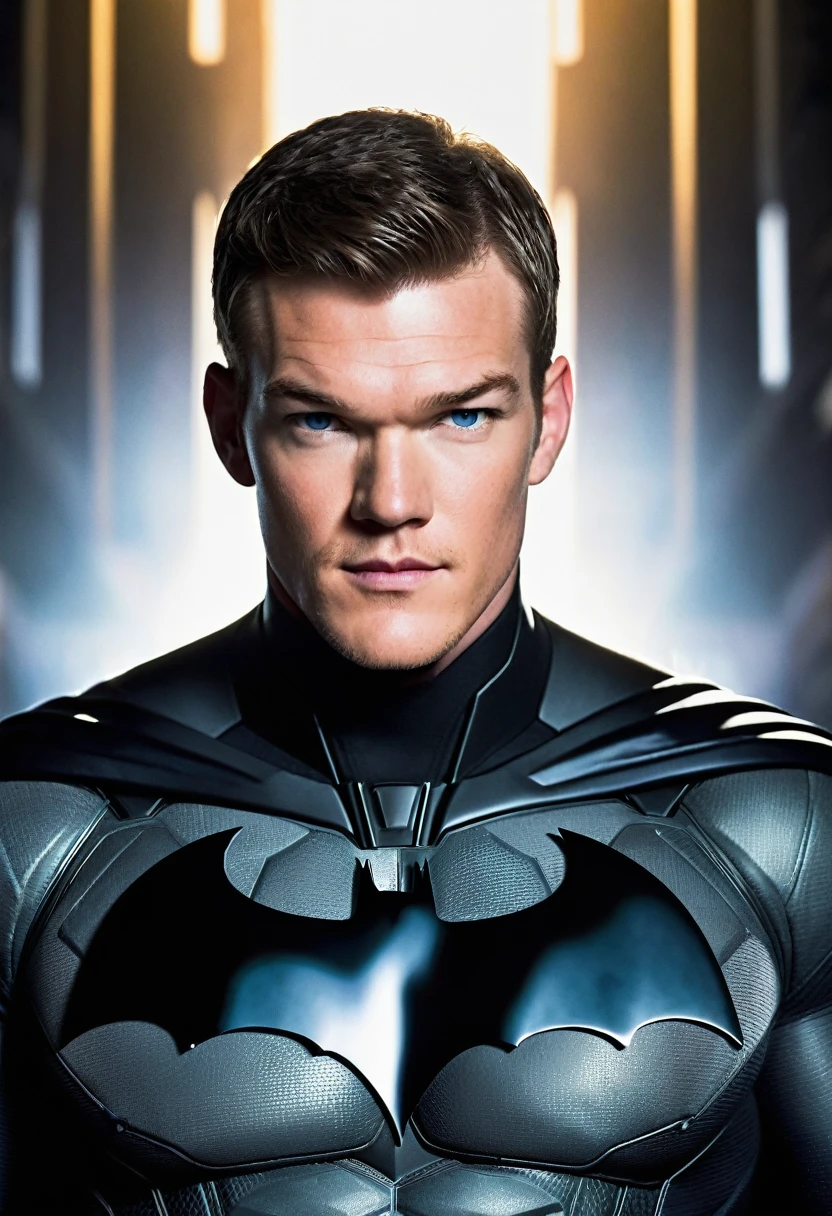 (((Extreme close-up Alan Ritchson under the mantle of Bruce Wayne aka Batman black hair Suit Batman DC universe front images color images Splash)))