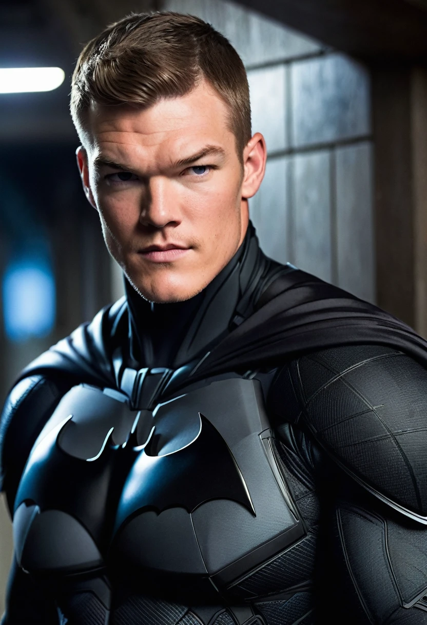 (((Extreme close-up Alan Ritchson under the mantle of Bruce Wayne aka Batman black hair Suit Batman DC universe front images color images Splash)))