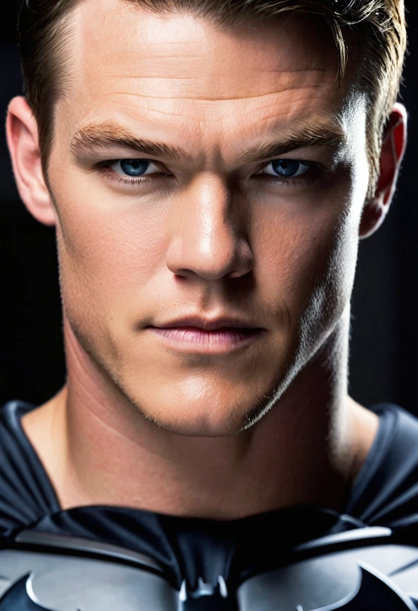 (((Extreme close-up Alan Ritchson under the mantle of Bruce Wayne aka Batman black hair Suit Batman DC universe front images color images Splash)))