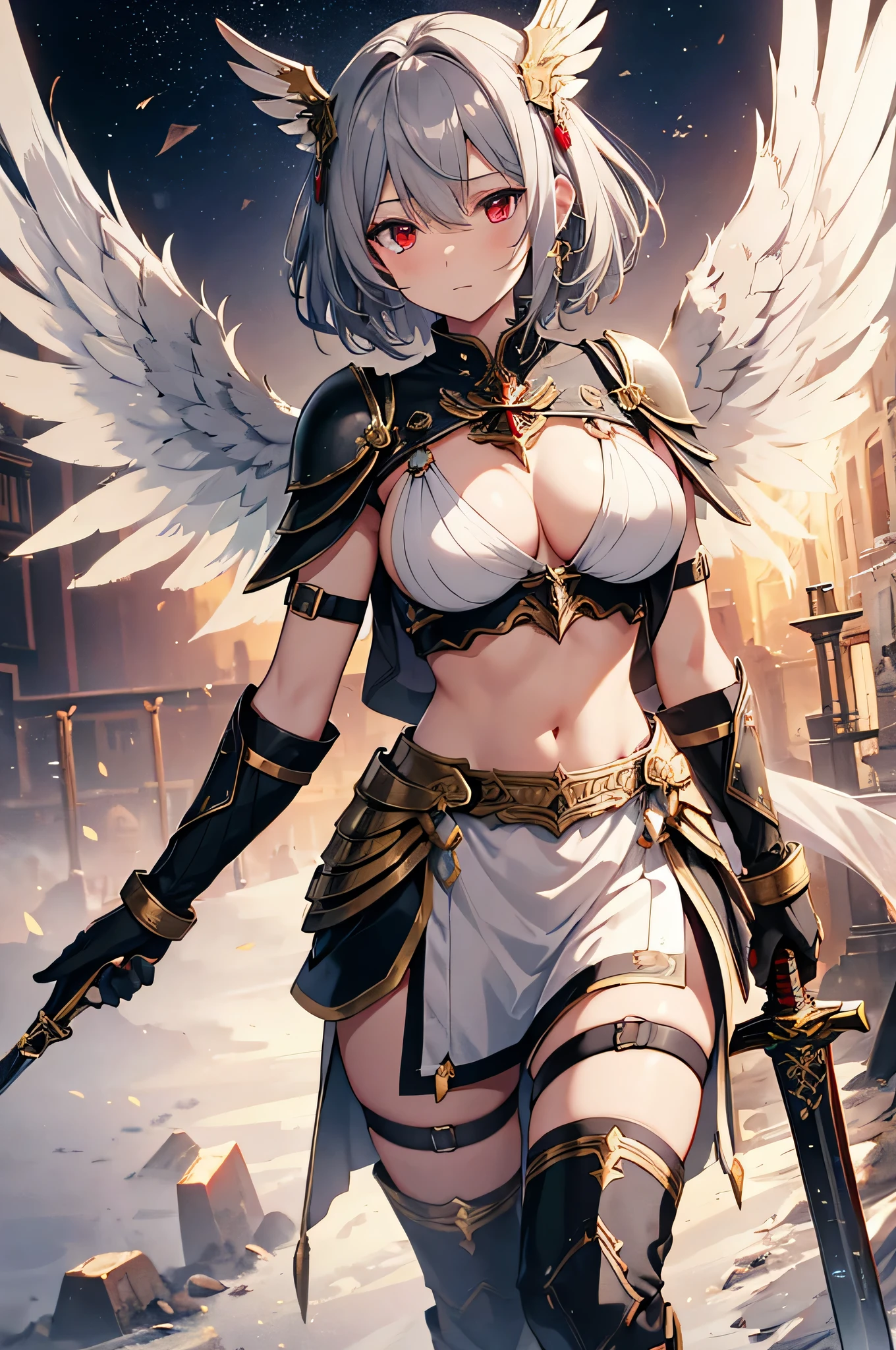 4K,High resolution,One Woman,Grey Hair,Short Hair,Red eyes,Big Breasts,Valkyrie,black sacred armor,Winged headgear,Gold decoration,Jewelry decoration,Holy Long Sword,Temple in the Sky