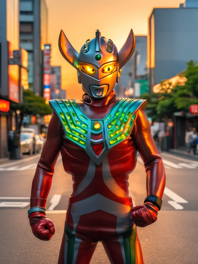 Ultraman Taro standing on the streets of Tokyo at sunset, tall and slim, portrait, fighting pose, photo high quality, realistic photo, reddening at sunset, silver helmet, glass hemisphere on chest glows red, yellow eyes, forehead lamp glows green, martial arts pose, 4K
