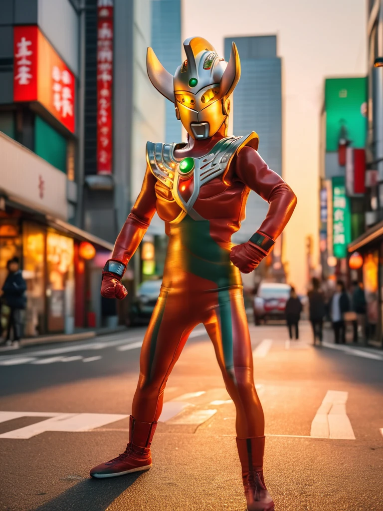 Ultraman Taro standing on the streets of Tokyo at sunset, tall and slim, portrait, fighting pose, photo high quality, realistic photo, reddening at sunset, silver helmet, glass hemisphere on chest glows red, yellow eyes, forehead lamp glows green, martial arts pose, 4K
