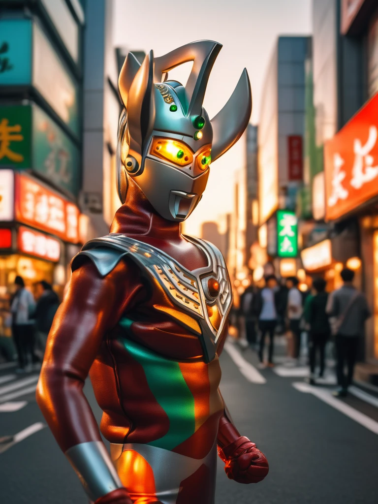 Ultraman Taro standing on the streets of Tokyo at sunset, tall and slim, portrait, fighting pose, photo high quality, realistic photo, reddening at sunset, silver helmet, glass hemisphere on chest glows red, yellow eyes, forehead lamp glows green, martial arts pose, 4K
