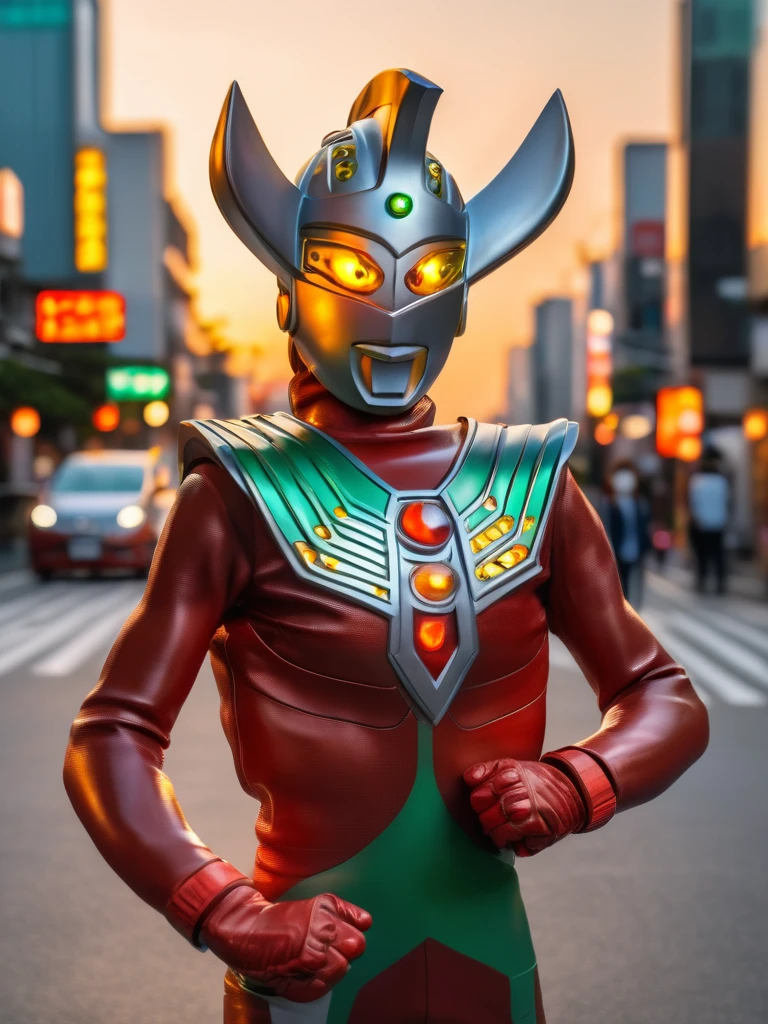 Ultraman Taro standing on the streets of Tokyo at sunset, tall and slim, portrait, fighting pose, photo high quality, realistic photo, reddening at sunset, silver helmet, glass hemisphere on chest glows red, yellow eyes, forehead lamp glows green, martial arts pose, 4K
