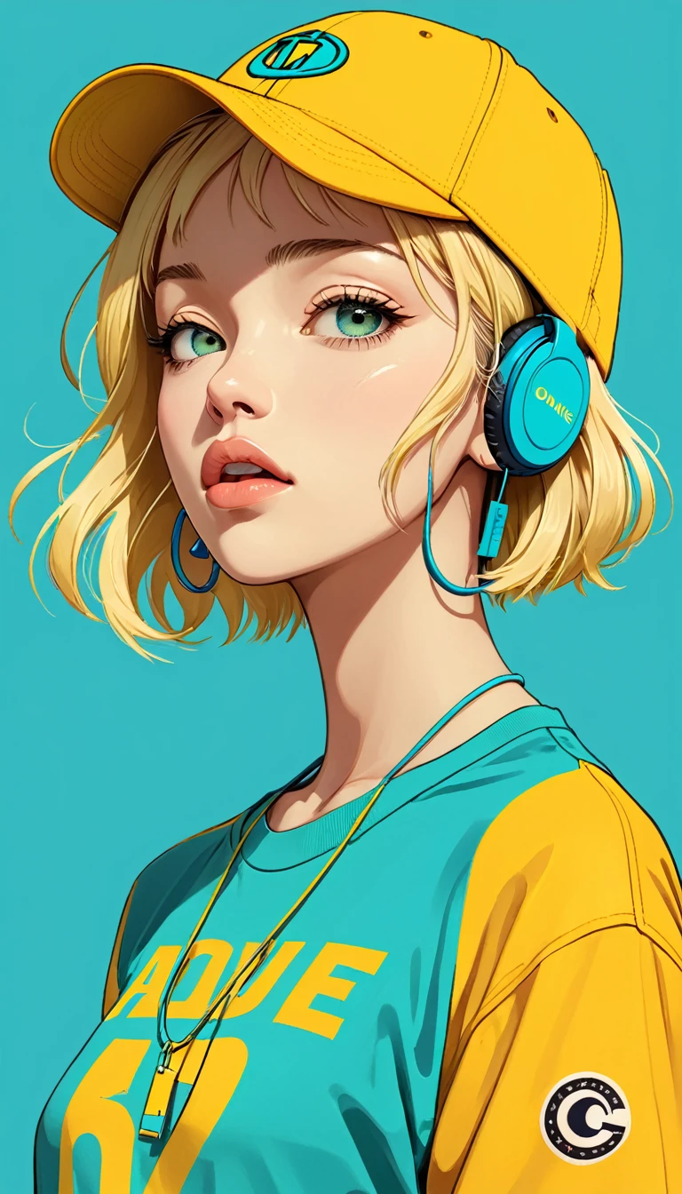 masterpiece, Highest quality, One girl, Aqua Eye, Baseball cap, Blonde, Mouth closed, Earrings, Have, hoop 、 jewelry, View your viewers, shirt, short hair, Simple Background, alone, Upper Body, yellow shirt 、Headphones