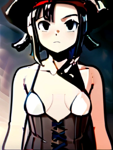 A girl, Alone, (bust, Upper part of the body, front view:1.2), black eyes, Jenna Ortega, Captain Jack Sparrow, pirate, pirate hat, pirate outfit, corset, (flat chest, male chest, small breasts, small breasts, neckline, bare breasts:1.3), (Masterpiece, Very detailed, look at the viewer, bright blurred gray background, gradient spray background, blurred background:1.2)