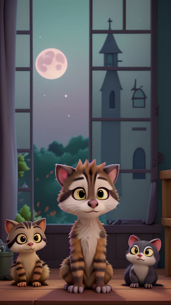 A collection of pictures about the story of Milo, a mischievous cat who lives in a comfortable house in a quiet suburb. He decides to go on a night adventure while his owners are asleep.. He slides through an open window and explores the moonlit neighborhood, discovering a different world where shadows play and nocturnal creatures appear..
While wandering, Milo meets a group of stray cats near an old oak tree. Although they are wary of him at first, a mischievous black cat named Felix recognizes Milo's courage and invites him to explore secret paths in the neighborhood that only stray cats know.. Melio enthusiastically agrees and follows Felix.
Together, they jump over fences, cross gardens, and sneak through alleys. Along the way, Milo discovers the hidden beauty of his neighborhood and learns from the various nocturnal creatures they meet – a wise owl, a crafty raccoon, and even a family of curious possums.. Each encounter gives Milo interesting information about the night.
As dawn approaches, Felix leads Milo to the highest rooftop in the neighborhood. From there, they watch the sunrise together, as the sky turns pink and orange. It was an enchanting sight, something Milo had never seen from his inner window.
Milo felt the early morning chill and knew it was time to go home. He thanked Felix for the unforgettable adventure and hurried back before his companions woke up. He slid back through the window and curled himself up in his favorite spot, purring happily.
His nightly adventure filled his heart with wonder and a new appreciation for the world around him. He fell asleep, dreaming of the next night's adventure.