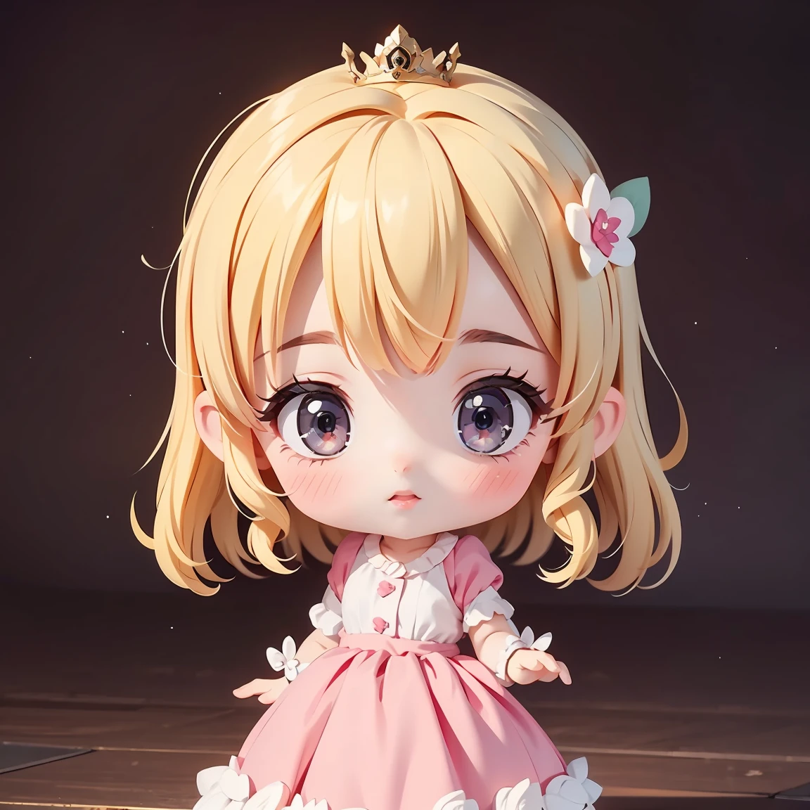 Super Chibi Character:1.8、The whole body is shown、background:Mysterious Forest、Blonde Hair、Cute 7 year old girl、pink cinderella dress