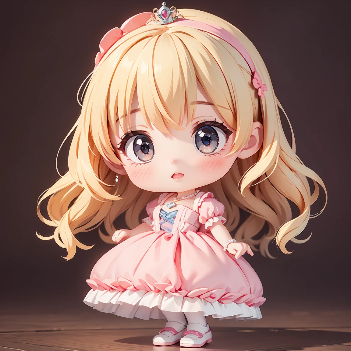  Super Chibi Character：1.8、The whole body is shown、background：Mysterious Forest、Blonde Hair、Cute 7 year old girl、pink cinderella dress
