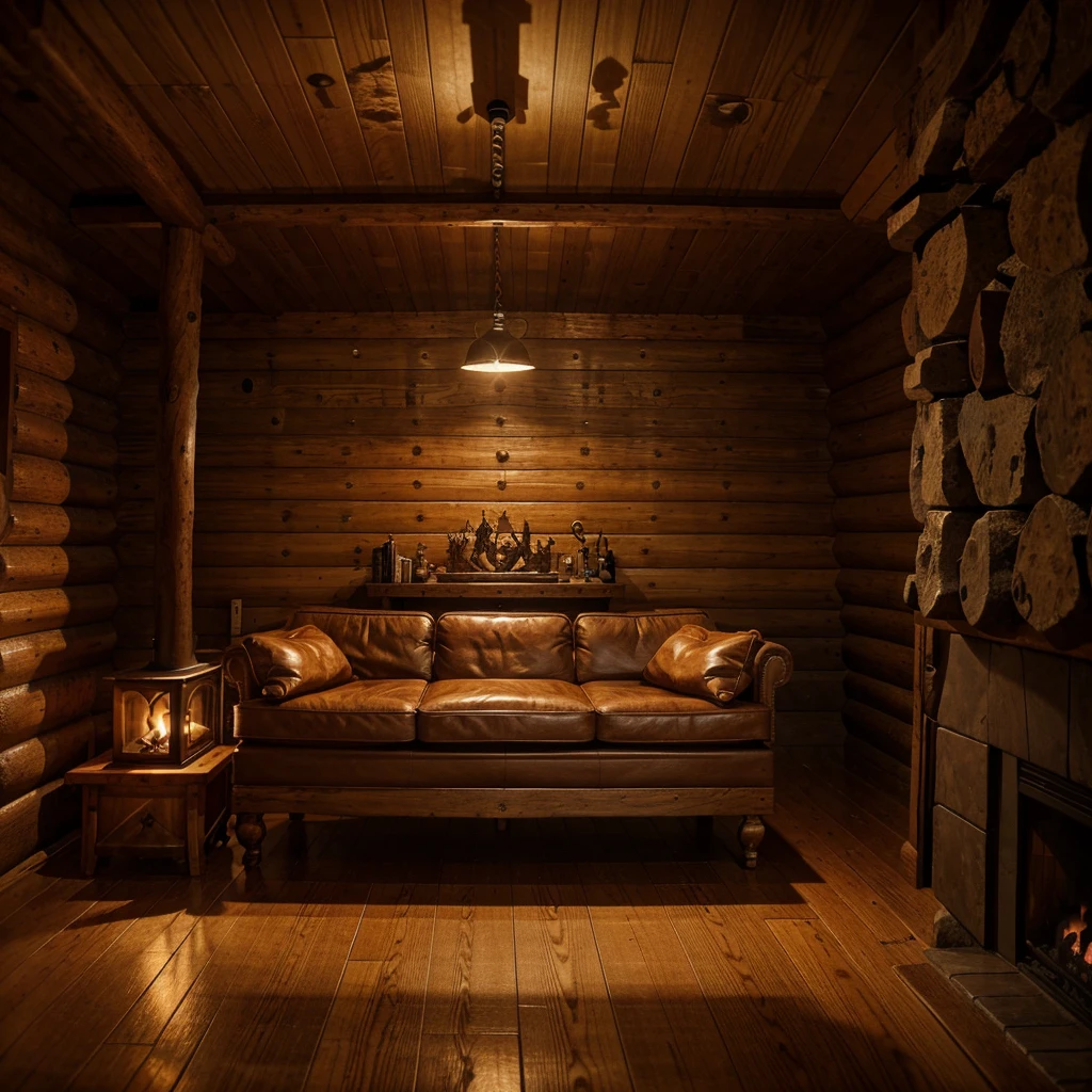 uma sala de estar, well lit, A cabin in the forest, wood accents, fireplace lit, pleasant environment, rain falling outside, ultrarealistic.